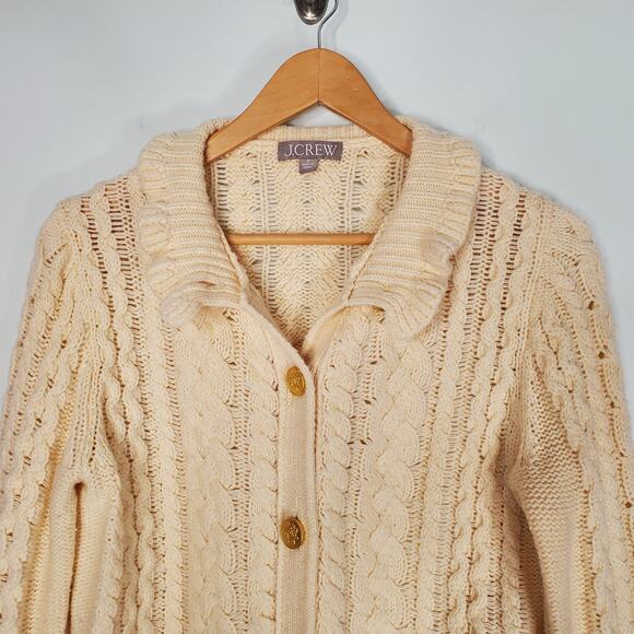 J. Crew Cable Knit Ruffleneck Cardigan Sweater Wool Butter Cream BV351 Medium - Picture 6 of 12